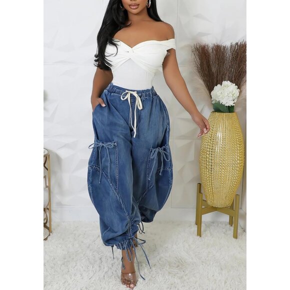 Women's Baggy Cargo Joggers Plus Size High Waisted Wide Leg Denim Pant - Picture 5 of 8